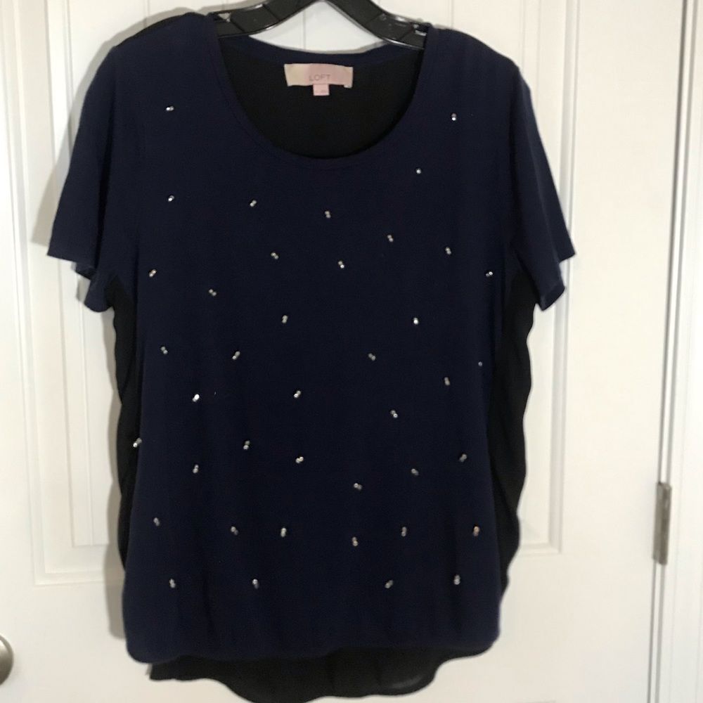 Ann Tylor Loft Navy blue and black short sleeve shirt with rhinestones